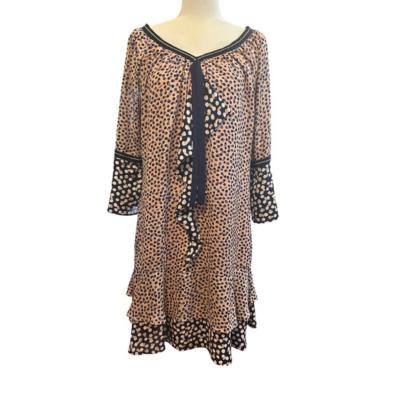 Nanette Lepore Women's Dress Size 14 Peach Navy Polka Dot Ruffle Long Sleeve - Picture 1 of 7
